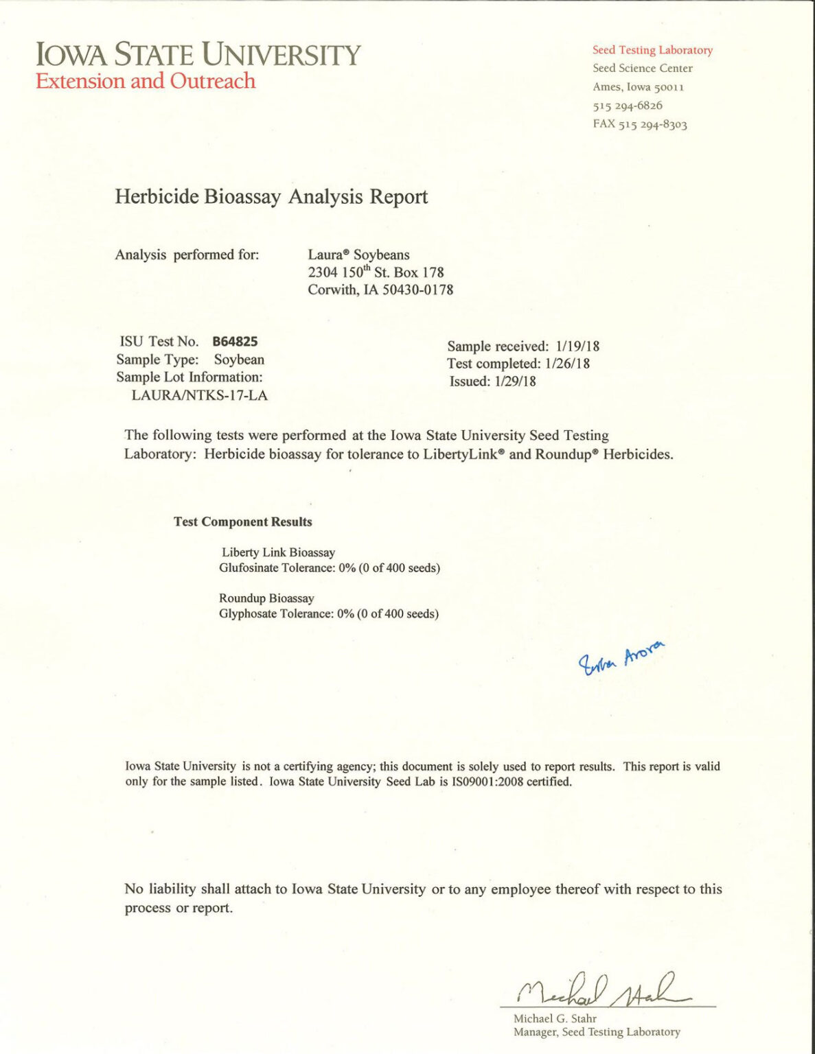 2017 Crop of Laura Soybeans NON GMO report Laura Foods, Inc