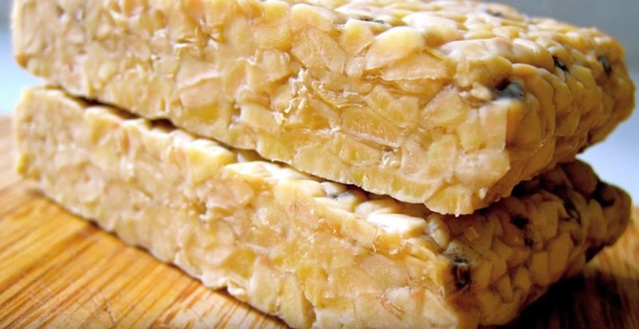 A close-up cross section of tempeh blocks.
