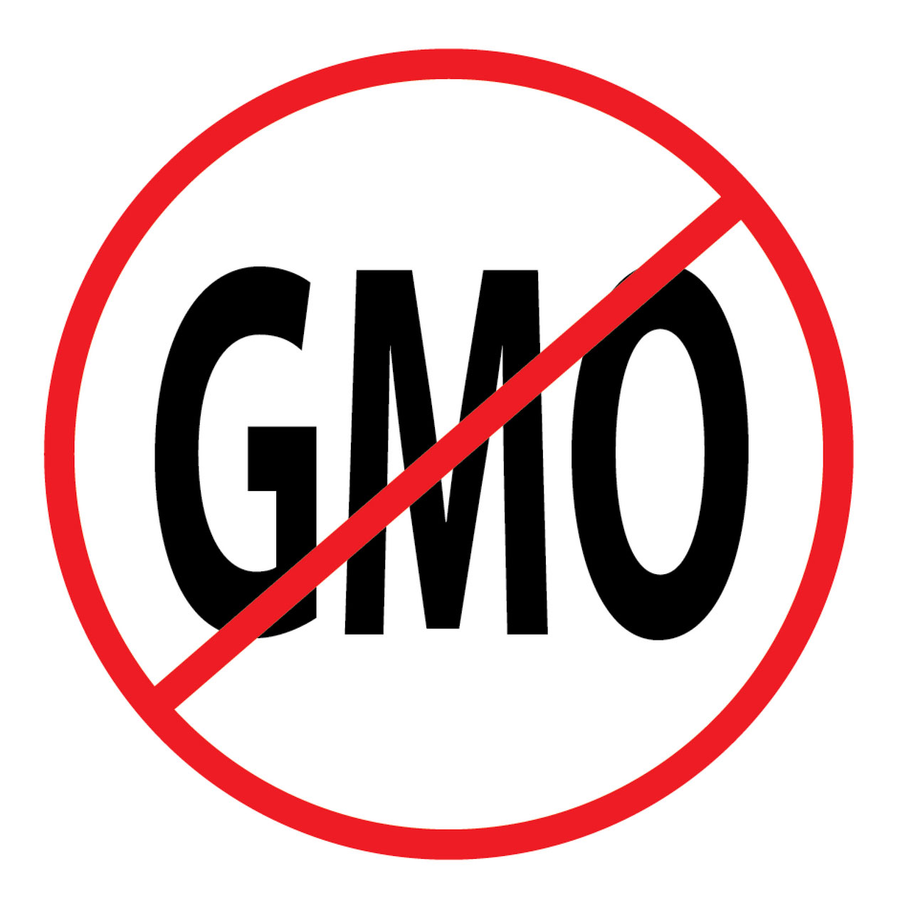 The word 'GMO' with a red circle with a line through it.