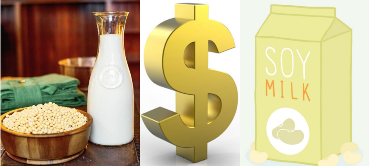 Three side-by-side images. The first is Laura Soybeans next to a tall glass of soy milk. The second is a 3-D rendering of a golden dollar sign. The third is an illustration of a carton labeled 'Soy Milk'.